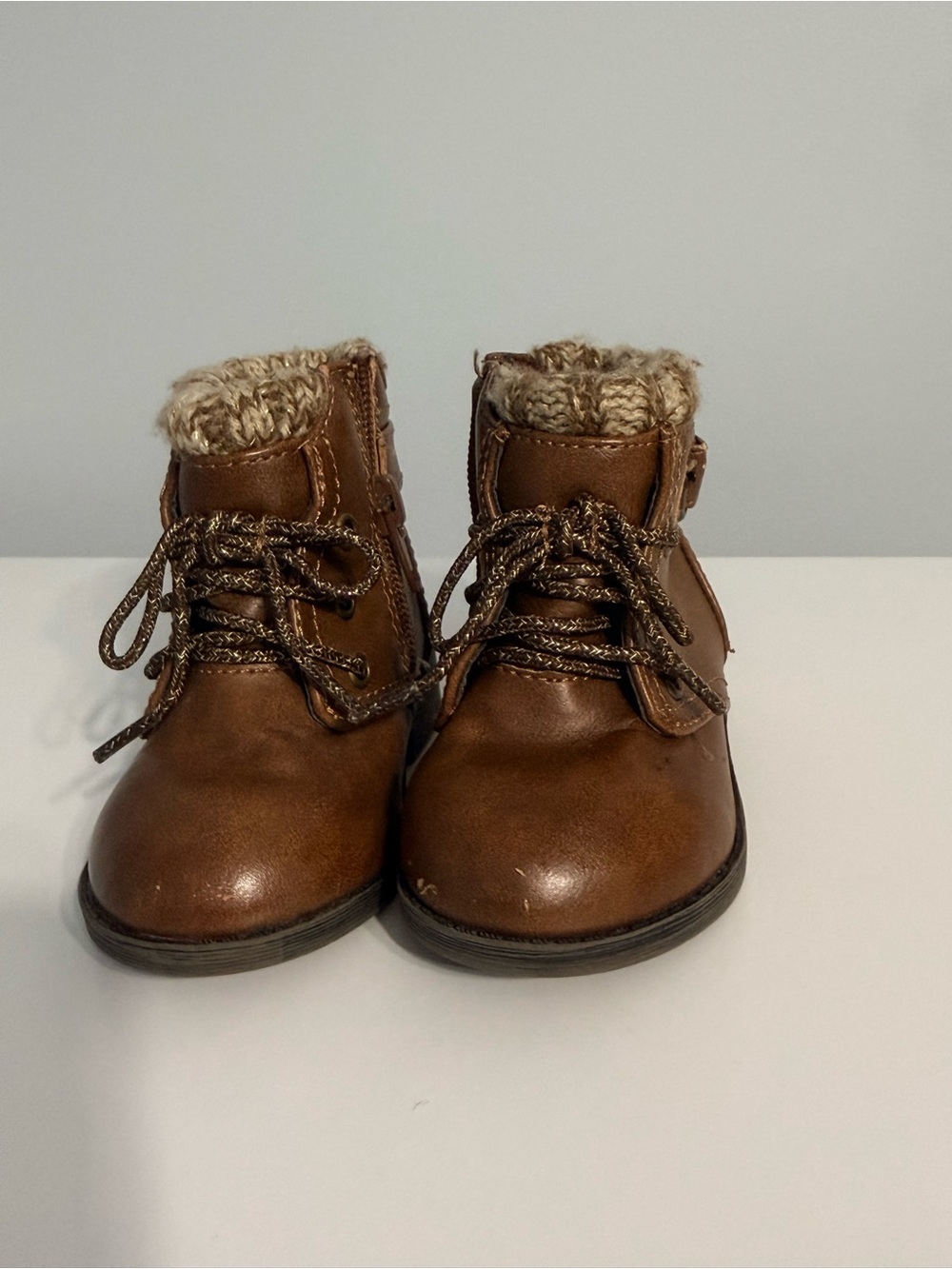 wonder nation Brown Lace-Up Faux-Leather Kids Winter Boots with Faux-Fur Cuff